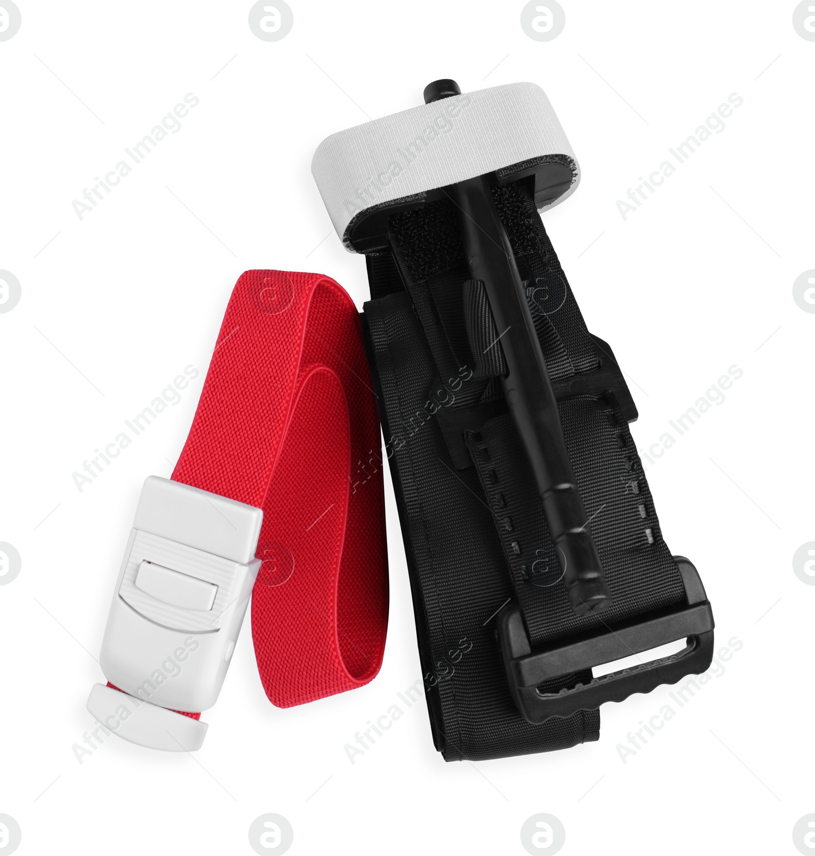 Photo of First aid tourniquets isolated on white, top view. Medical equipment