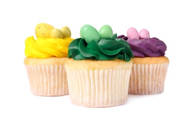 Photo of Tasty decorated Easter cupcakes isolated on white