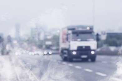 Image of Environmental pollution. Air contaminated with fumes in city. Cars surrounded by exhaust on road, blurred view
