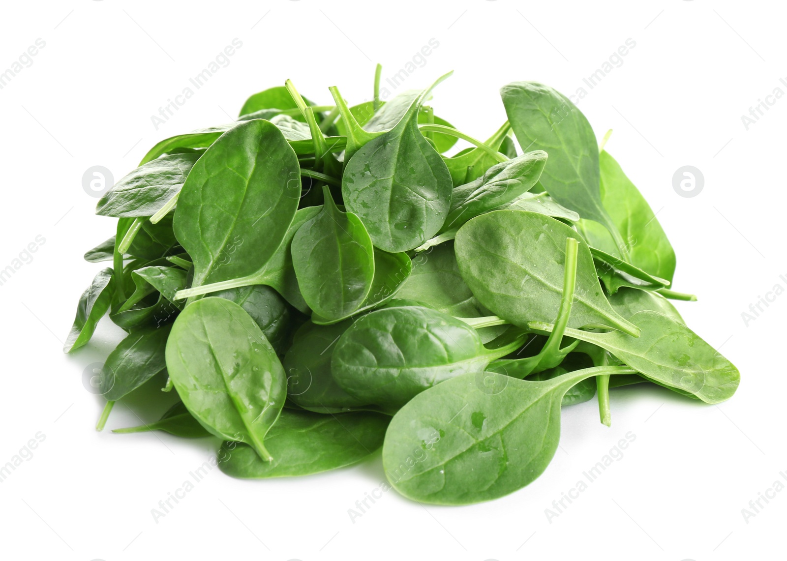 Photo of Pile of fresh green healthy baby spinach leaves on white background