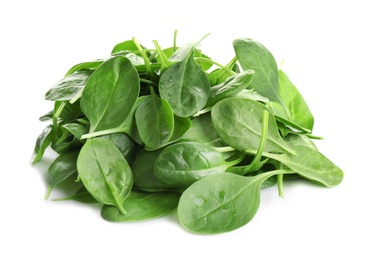 Photo of Pile of fresh green healthy baby spinach leaves on white background