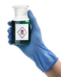 Photo of Medical worker holding bottle with poison on white background, closeup
