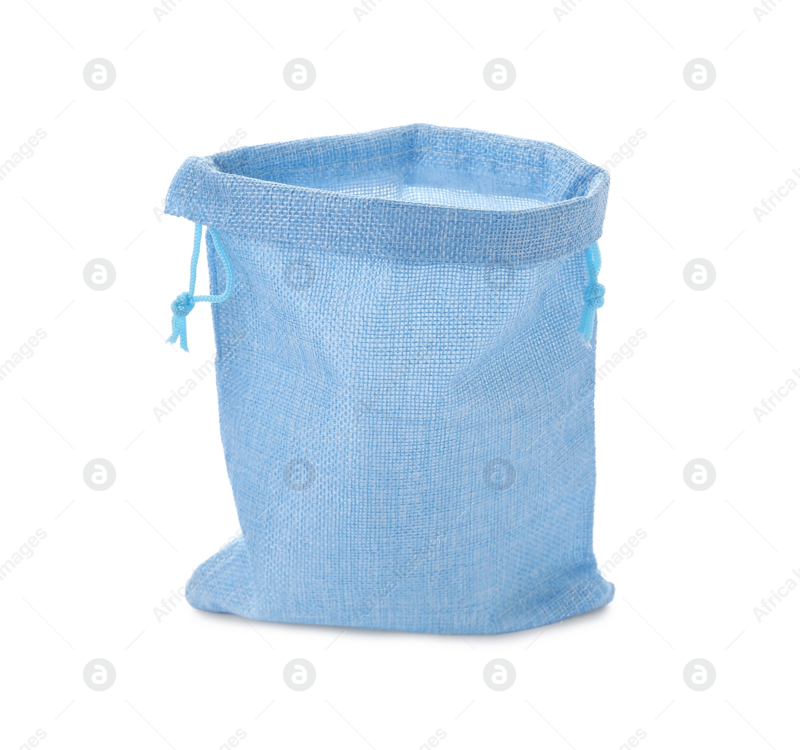 Photo of One light blue burlap bag isolated on white