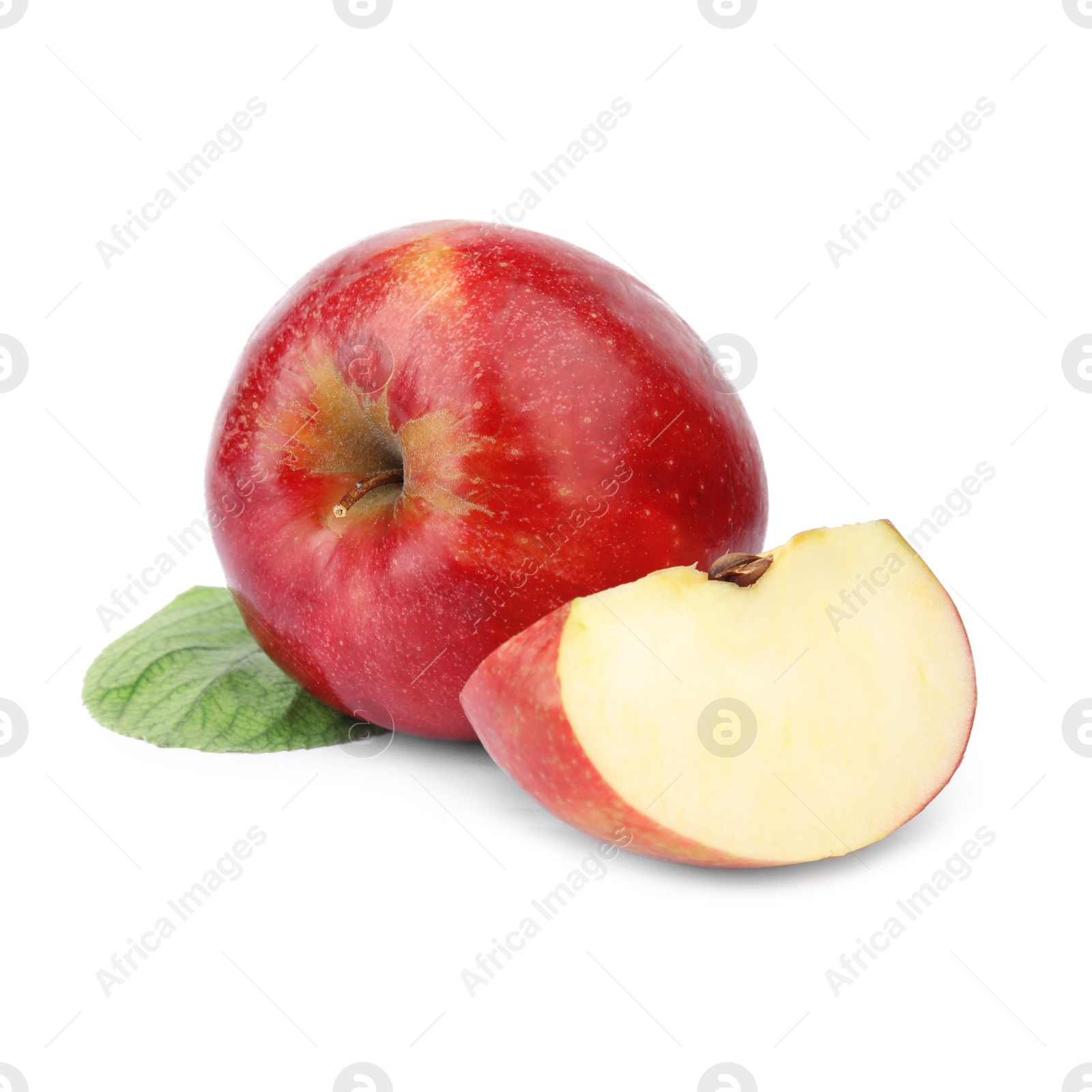 Photo of Ripe juicy red apples with leaf on white background