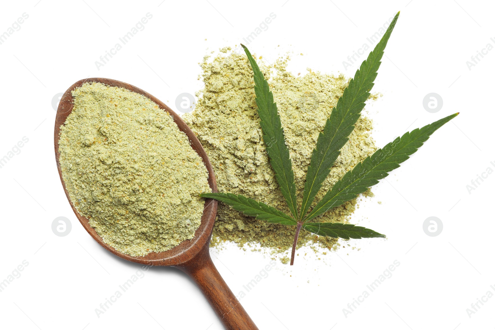 Photo of Spoon, hemp protein powder and leaf isolated on white, top view