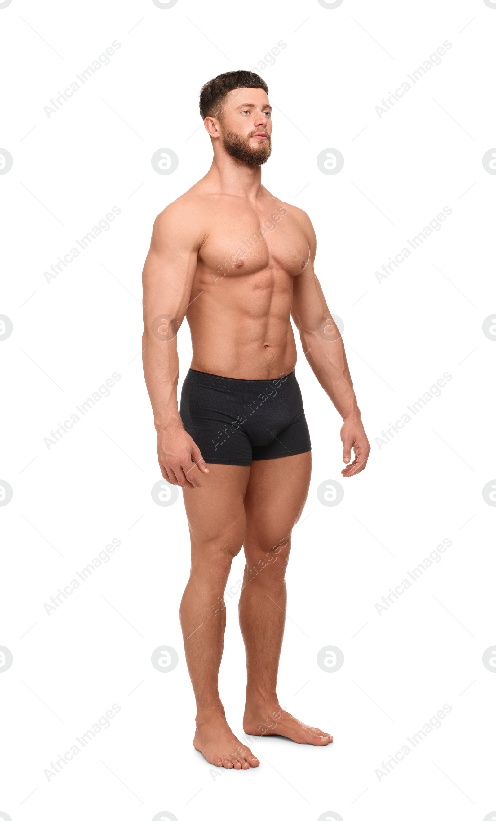 Photo of Handsome muscular man isolated on white. Sexy body