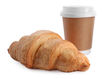 Photo of Fresh croissant and coffee on white background