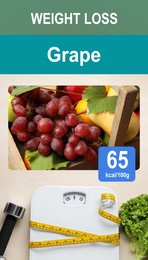 Image of Weight loss concept. Calories calculator app with image of fresh ripe grape and its caloric content