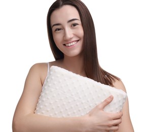 Photo of Woman with orthopedic pillow on white background