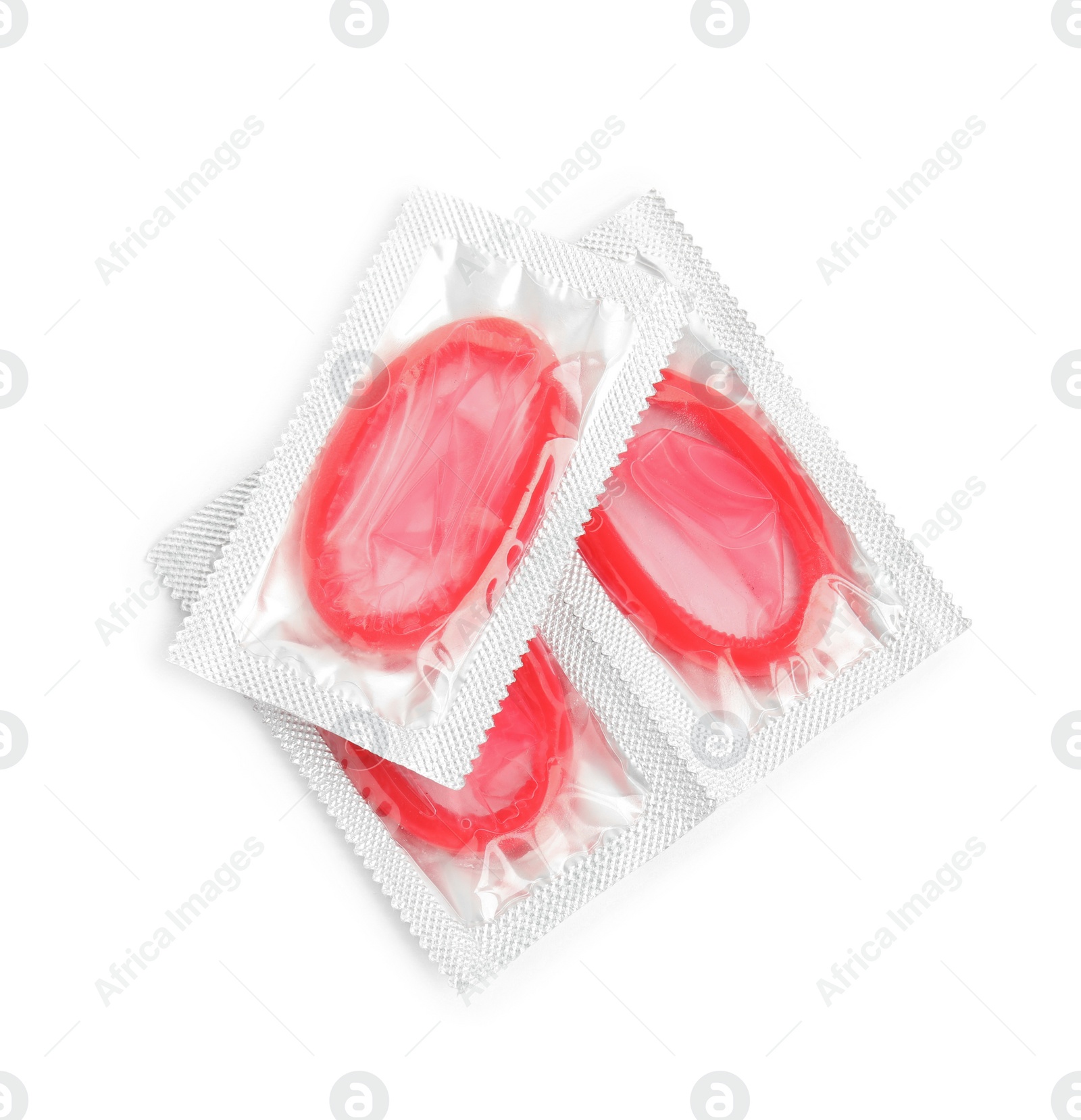 Photo of Condom packages on white background, top view. Safe sex