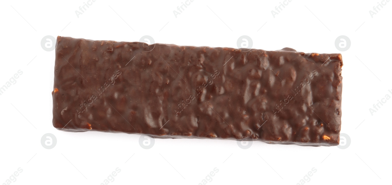 Photo of Tasty chocolate glazed protein bar isolated on white, top view. Healthy snack