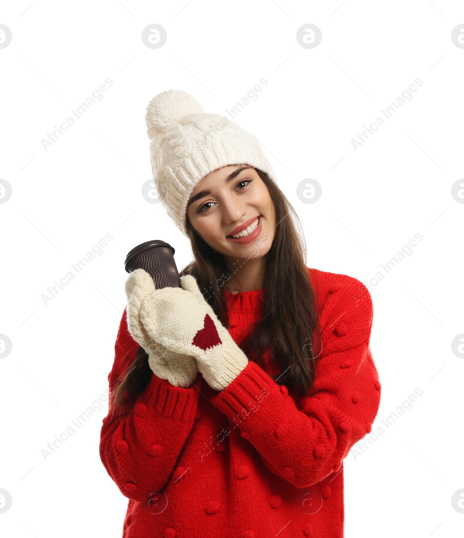 Photo of Young woman with cup of hot coffee on white background. Winter season