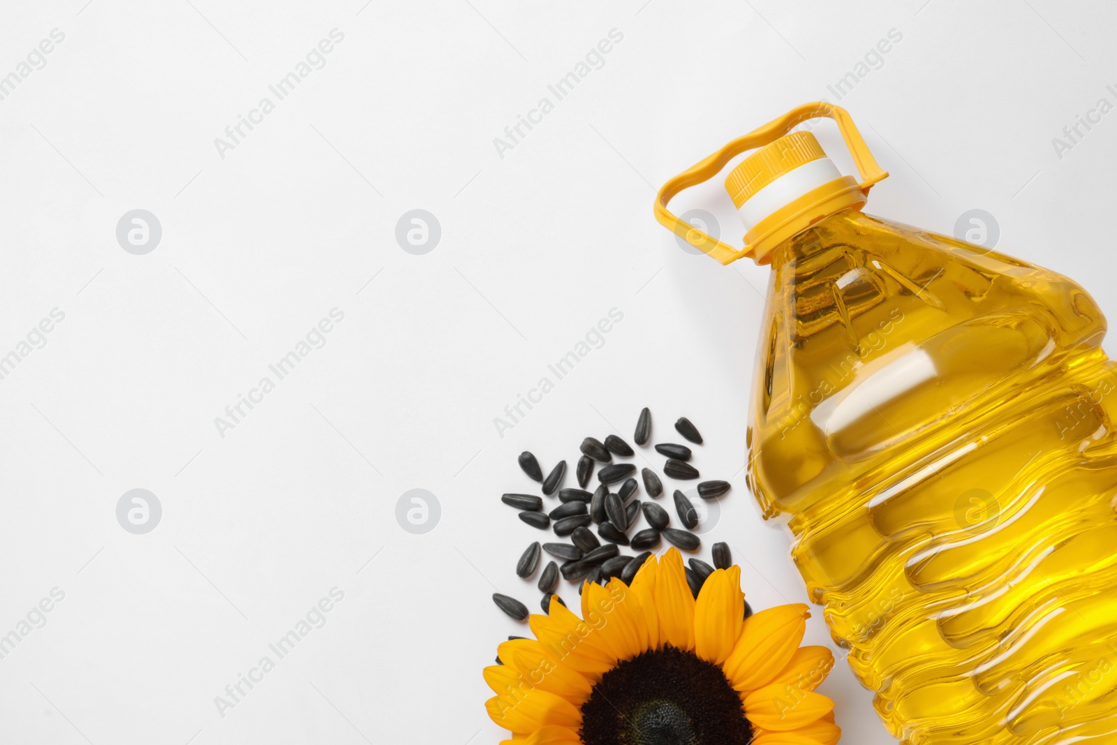 Photo of Bottle of cooking oil, sunflower and seeds on white table, flat lay. Space for text