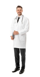Full length portrait of male doctor with clipboard isolated on white. Medical staff