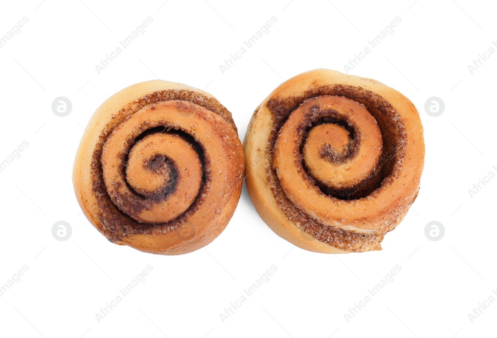 Photo of Fresh tasty cinnamon rolls isolated on white, top view