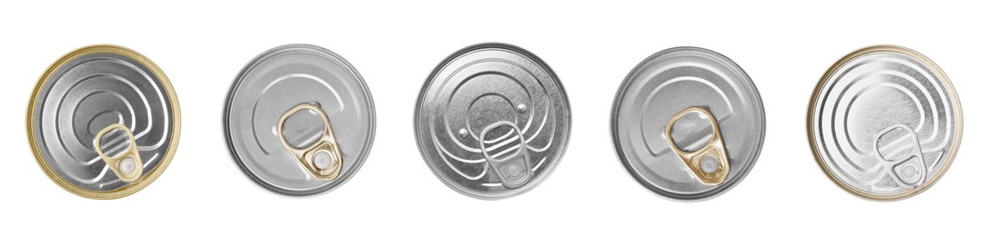 Image of Set of metal cans on white background, top view