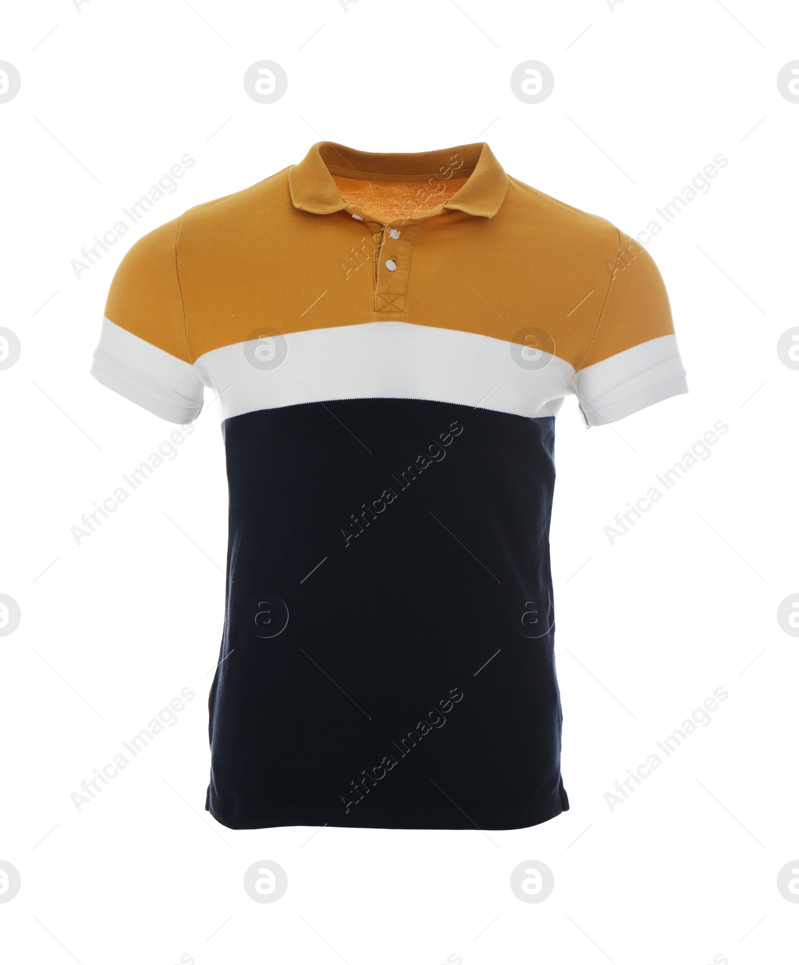 Photo of Stylish polo shirt on mannequin against white background. Men's clothes