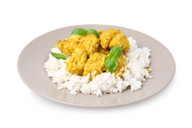 Photo of Delicious rice and chicken with curry sauce isolated on white