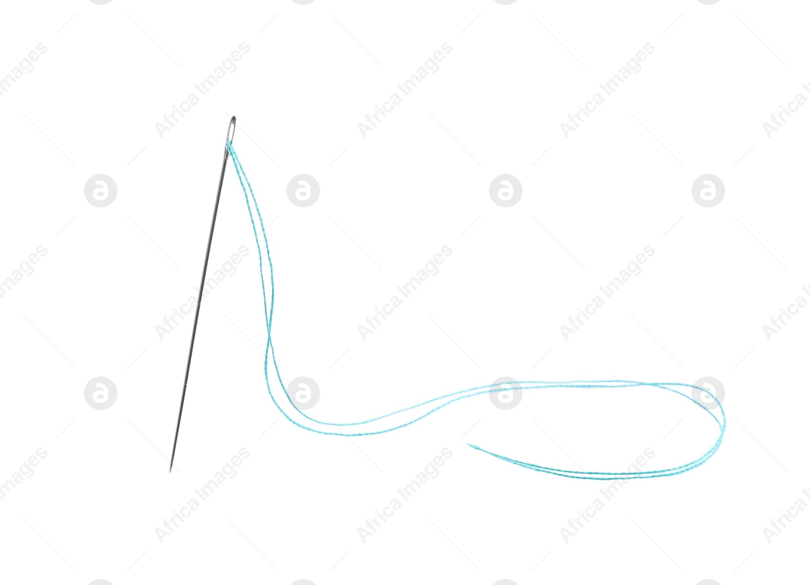 Photo of Needle with light blue sewing thread on white background