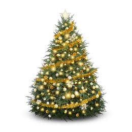 Christmas tree decorated with ornaments and festive lights isolated on white