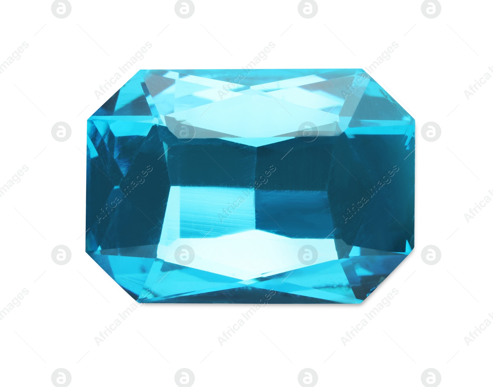 Photo of Beautiful blue gemstone for jewelry isolated on white, top view