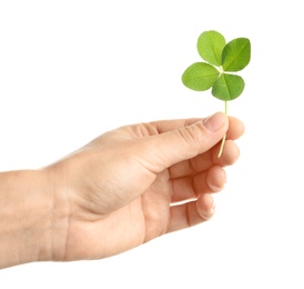 Photo of Woman holding four-leaf clover on white background, closeup