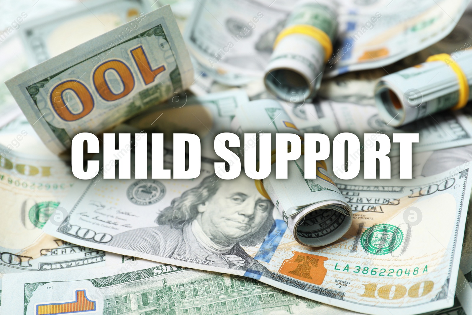 Image of Child support concept. Many dollar banknotes as background, closeup