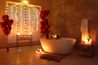 Stylish bathroom decorated for Valentine's day. Interior design