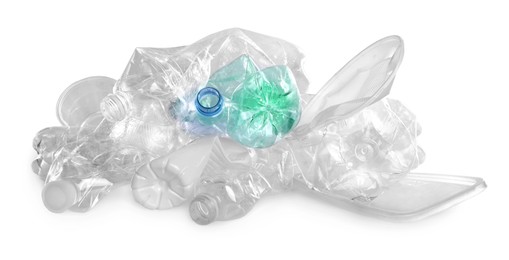 Photo of Pile of plastic trash on white background. Recycling rubbish