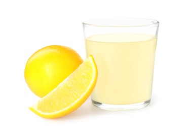 Photo of Freshly squeezed juice and lemons on white background