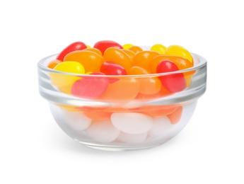 Bowl of delicious color jelly beans isolated on white