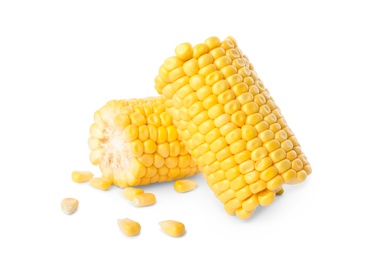 Pieces of ripe raw corn cob on white background