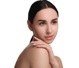 Portrait of beautiful young woman on white background