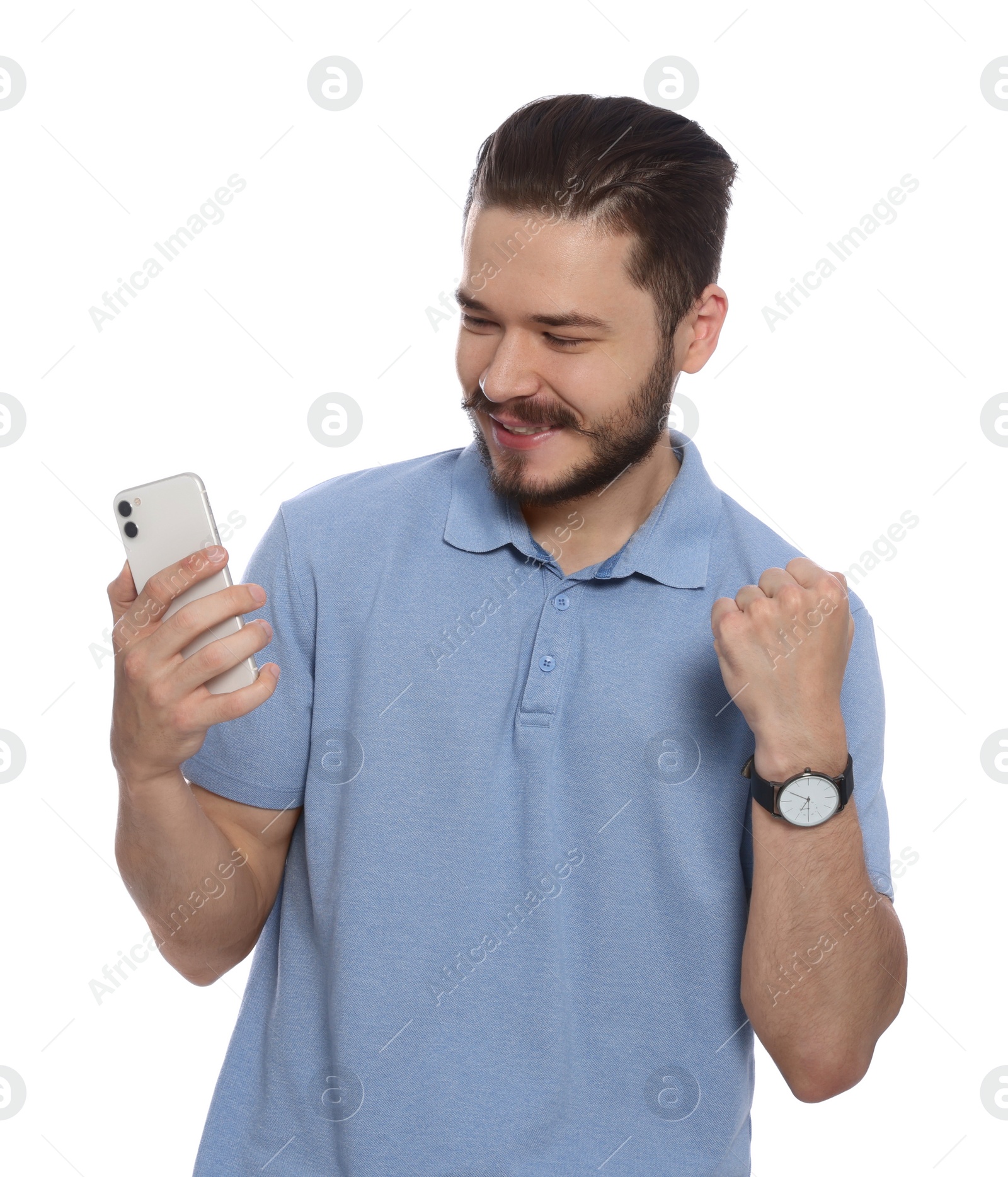 Photo of Happy man with smartphone on white background