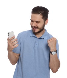 Happy man with smartphone on white background