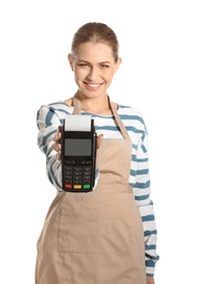 Photo of Young woman holding payment terminal isolated on white