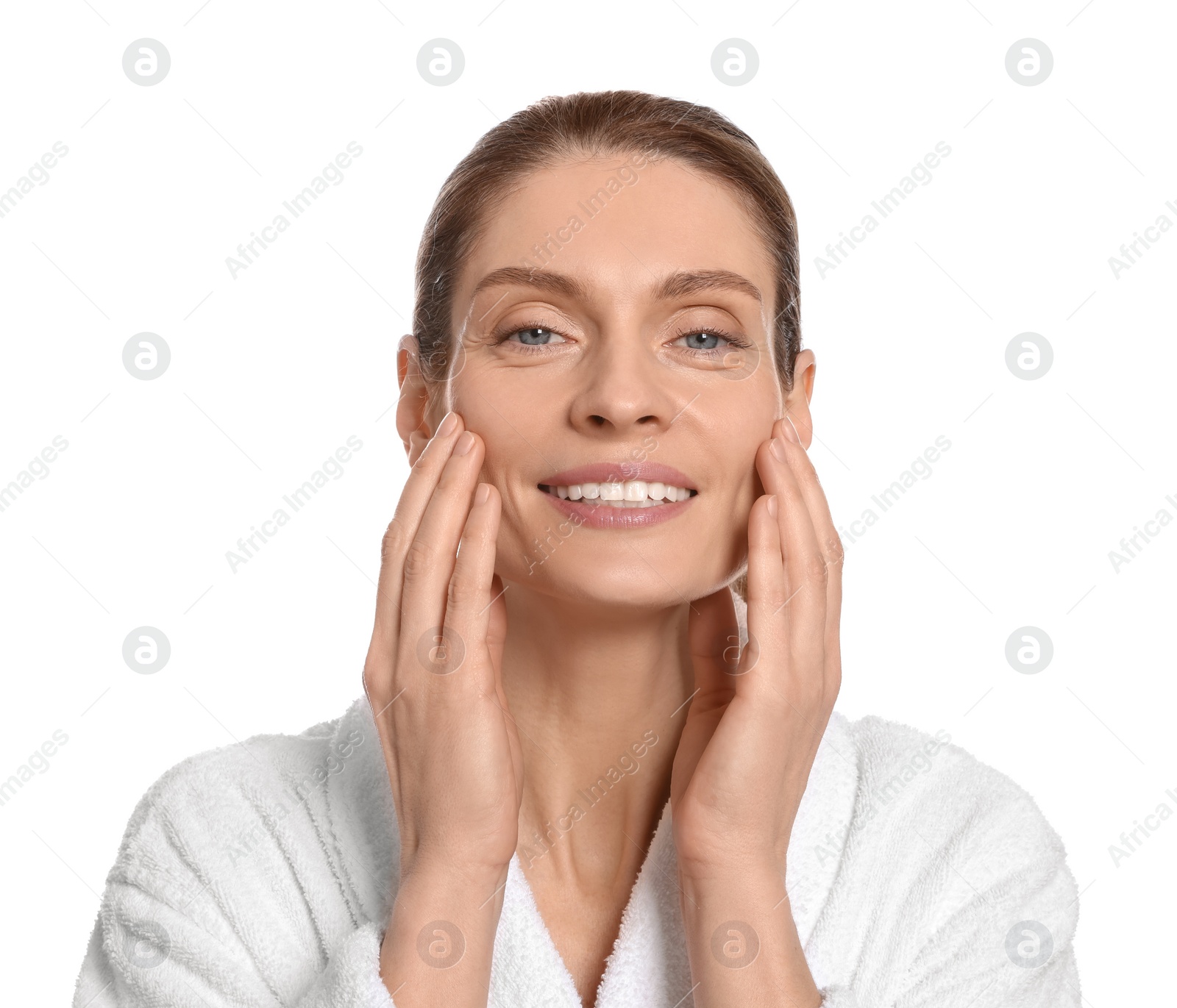 Photo of Woman massaging her face on white background