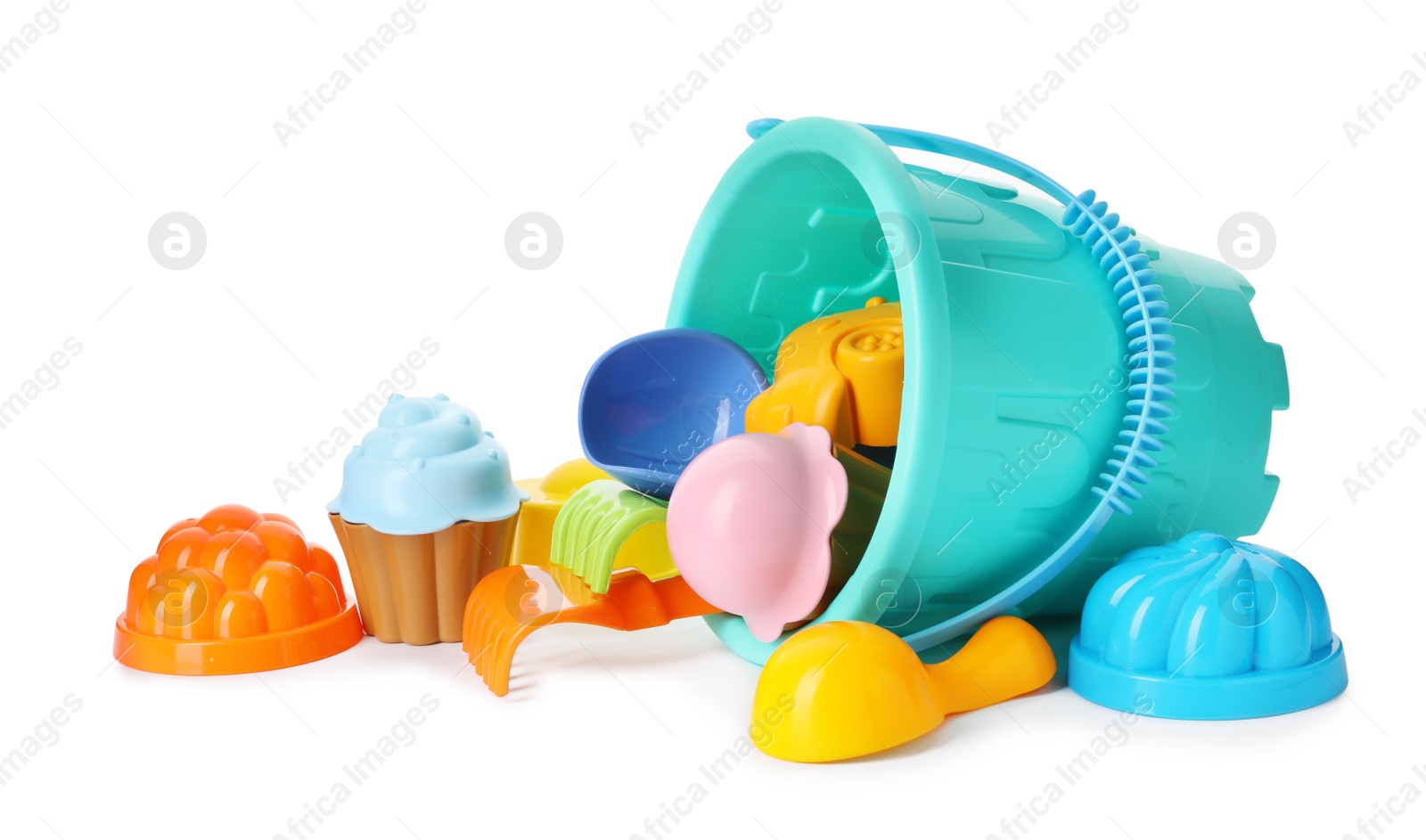 Photo of Set of plastic beach toys on white background