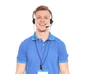 Photo of Portrait of technical support operator with headset isolated on white
