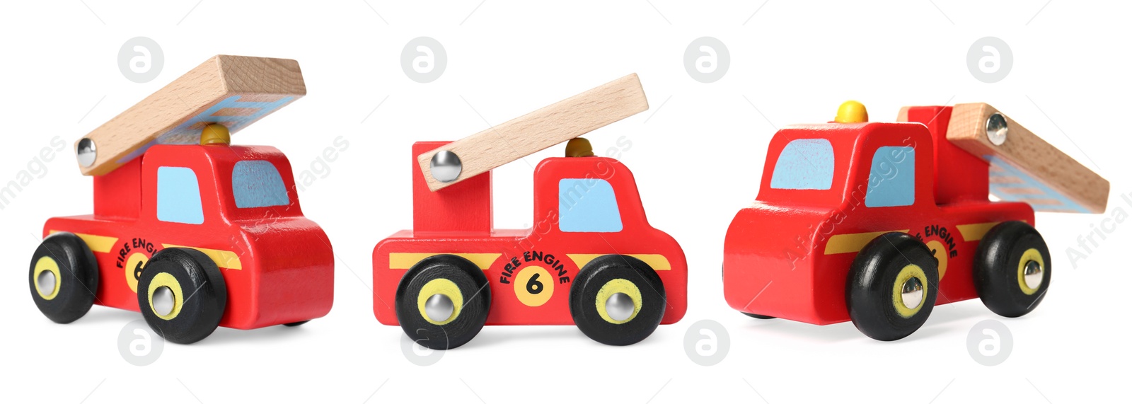 Image of Fire engine isolated on white, different angles. Collage design with children's toy