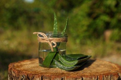 Photo of Green aloe vera leaves and glass jar on stump outdoors