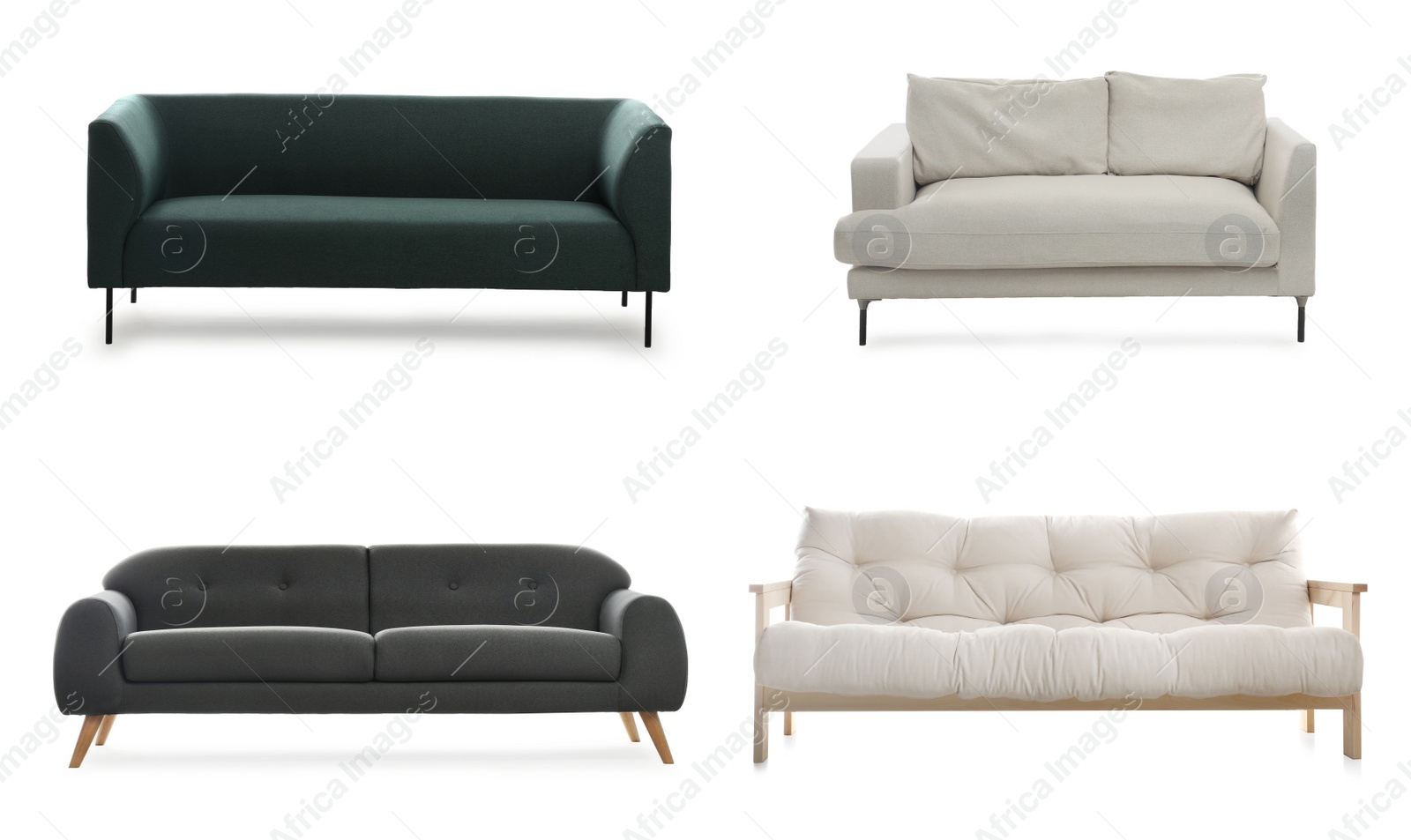 Image of Set with different stylish sofas on white background