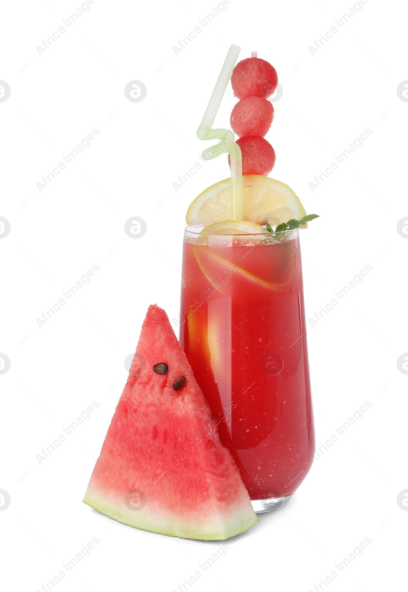 Photo of Tasty watermelon drink and fresh fruit on white background