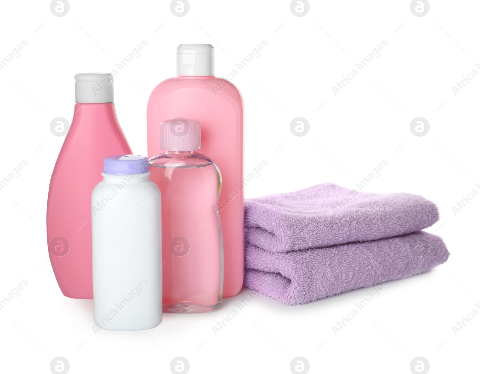 Photo of Set of baby cosmetic products and towels on white background