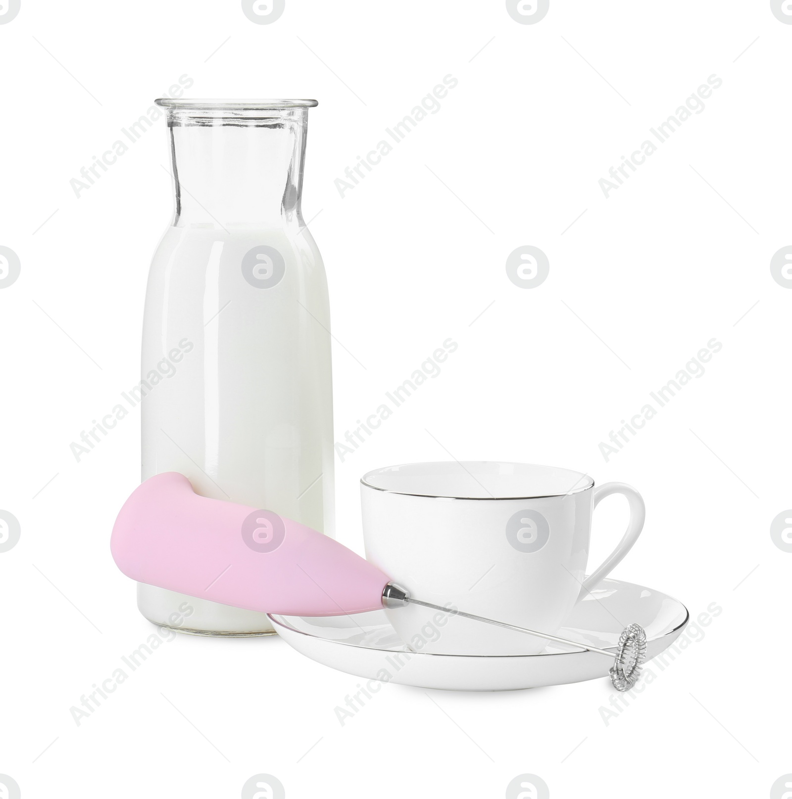 Photo of Milk frother wand, cup and glass carafe isolated on white