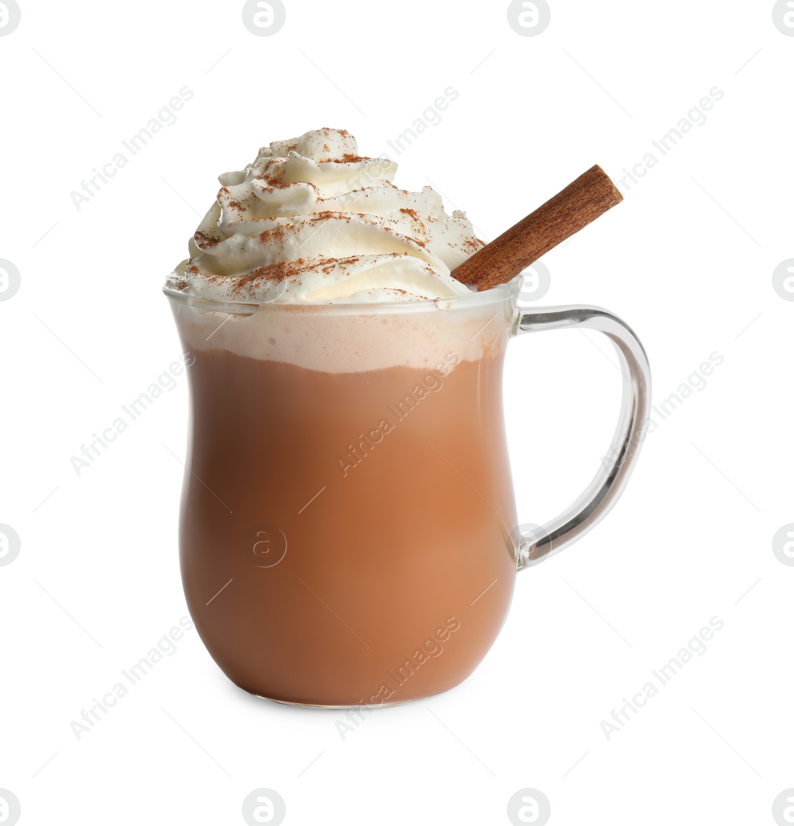 Photo of Delicious pumpkin latte with cinnamon isolated on white