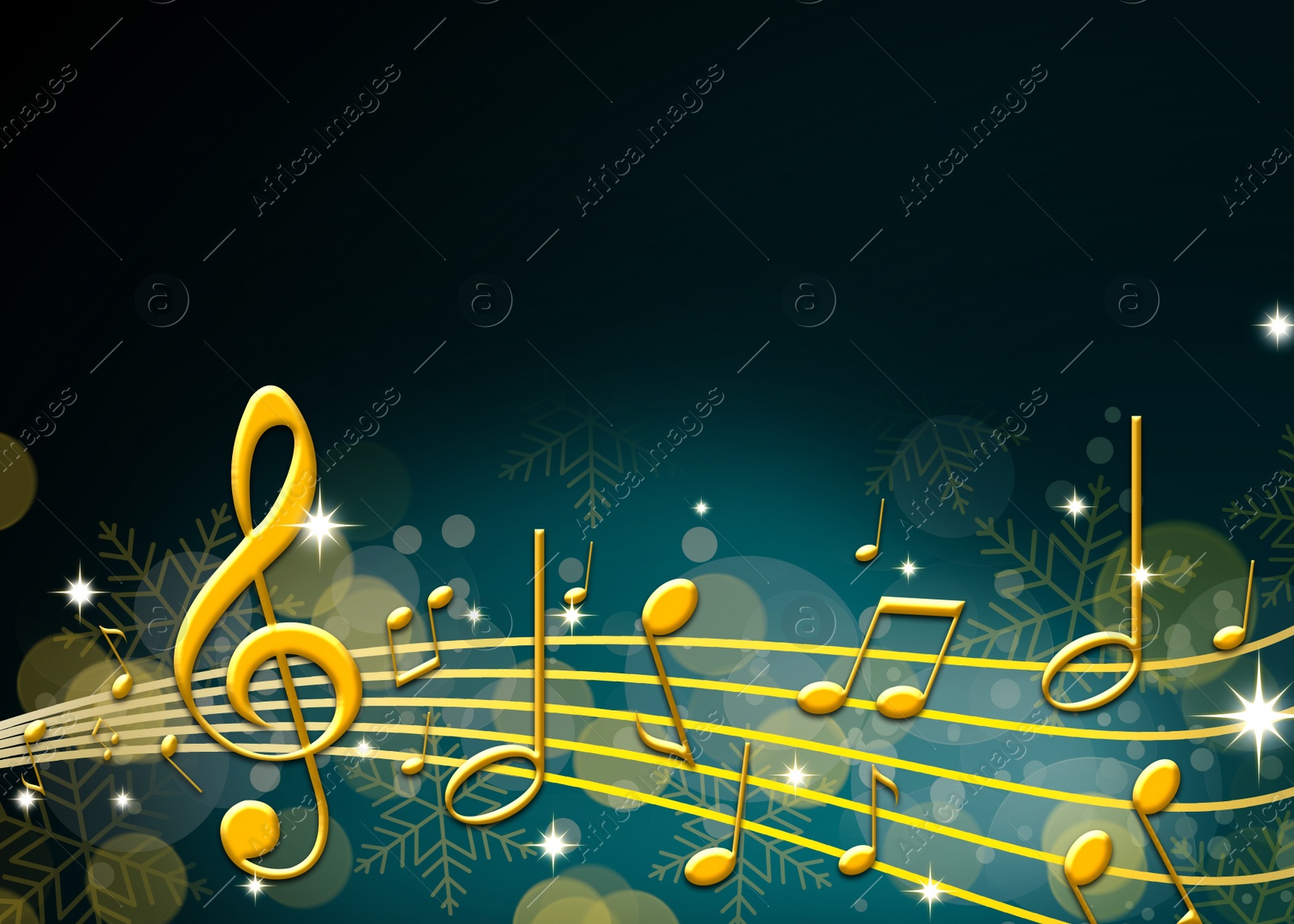 Illustration of Christmas melody. Music notes and snowflakes on dark background, space for text. Illustration design