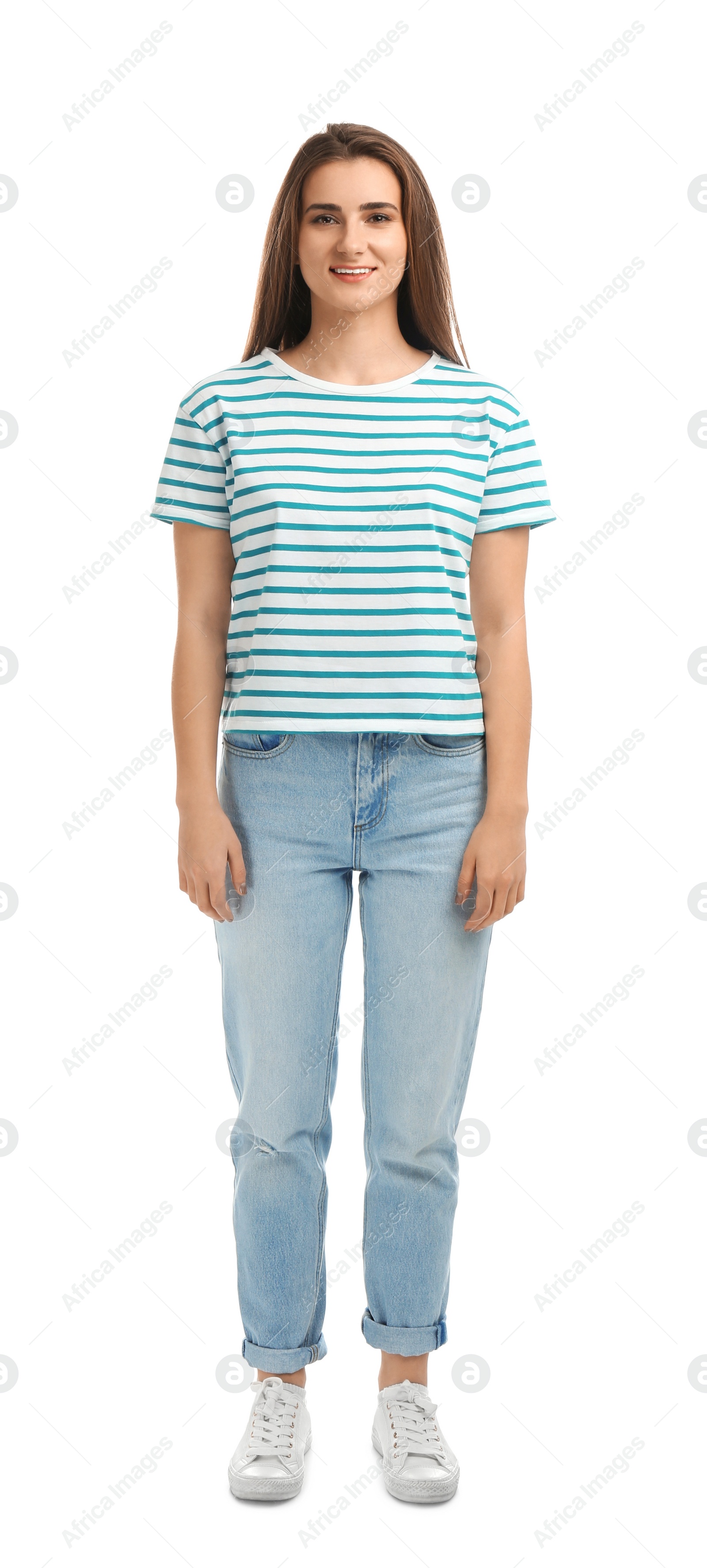 Photo of Full length portrait of beautiful young woman on white background