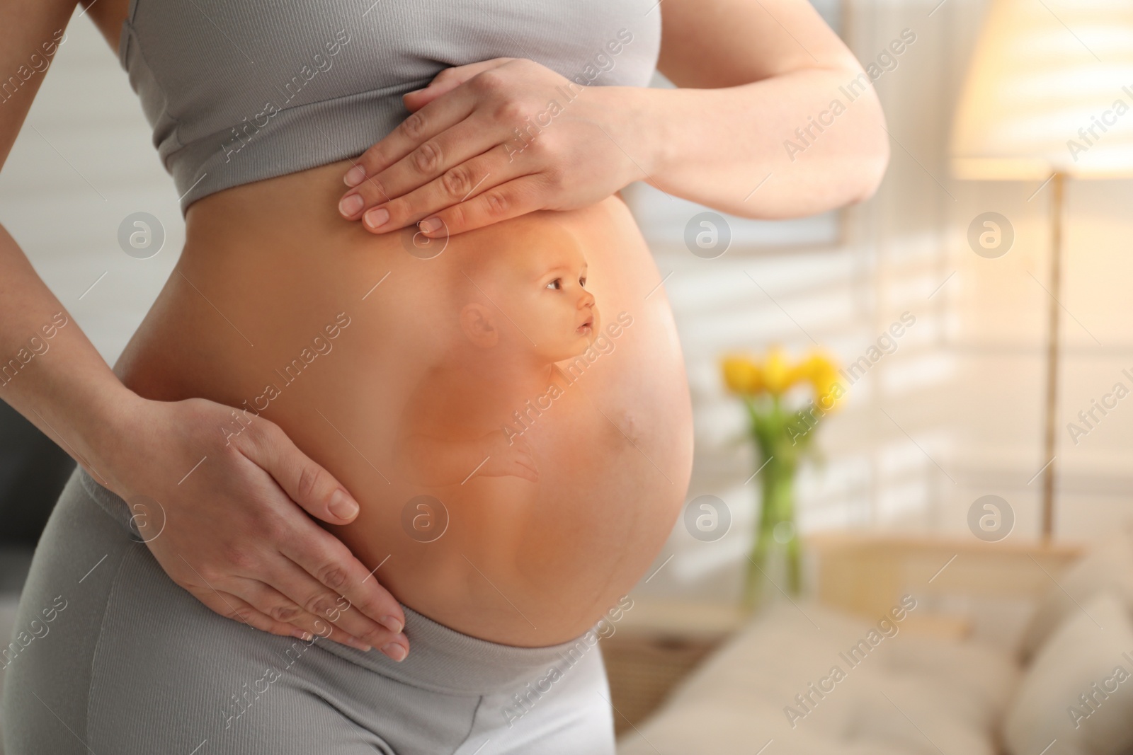 Image of Pregnant woman and baby at home, closeup view of belly. Double exposure