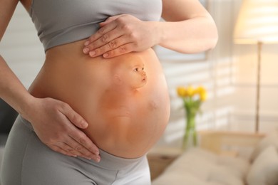 Image of Pregnant woman and baby at home, closeup view of belly. Double exposure